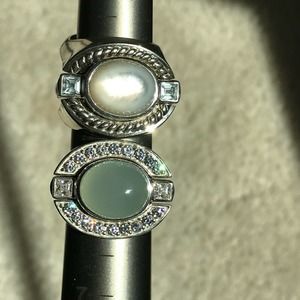 Judith Ripka MOTHER OF PEARL & CHRYSOPRASE Interchangeable Rings w/ Jackets .925